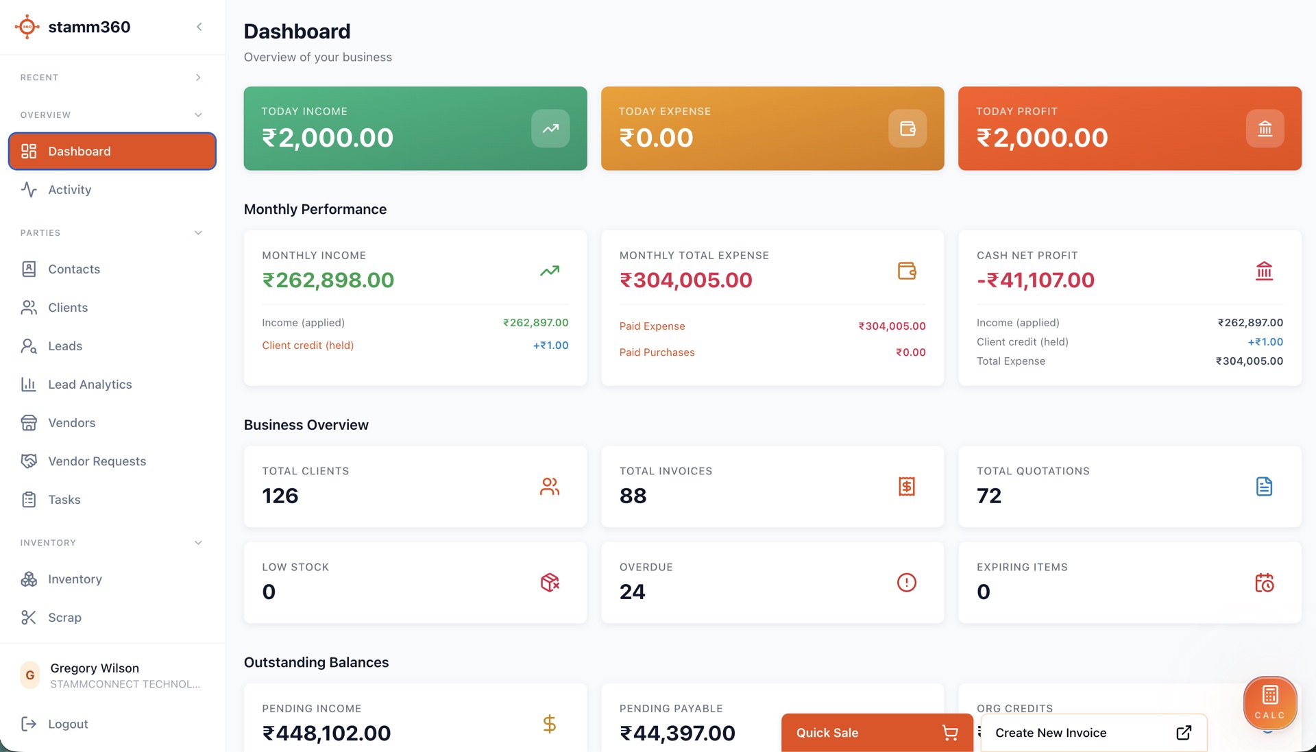 The Stamm360 dashboard: today's income, expense and profit, monthly performance and business totals