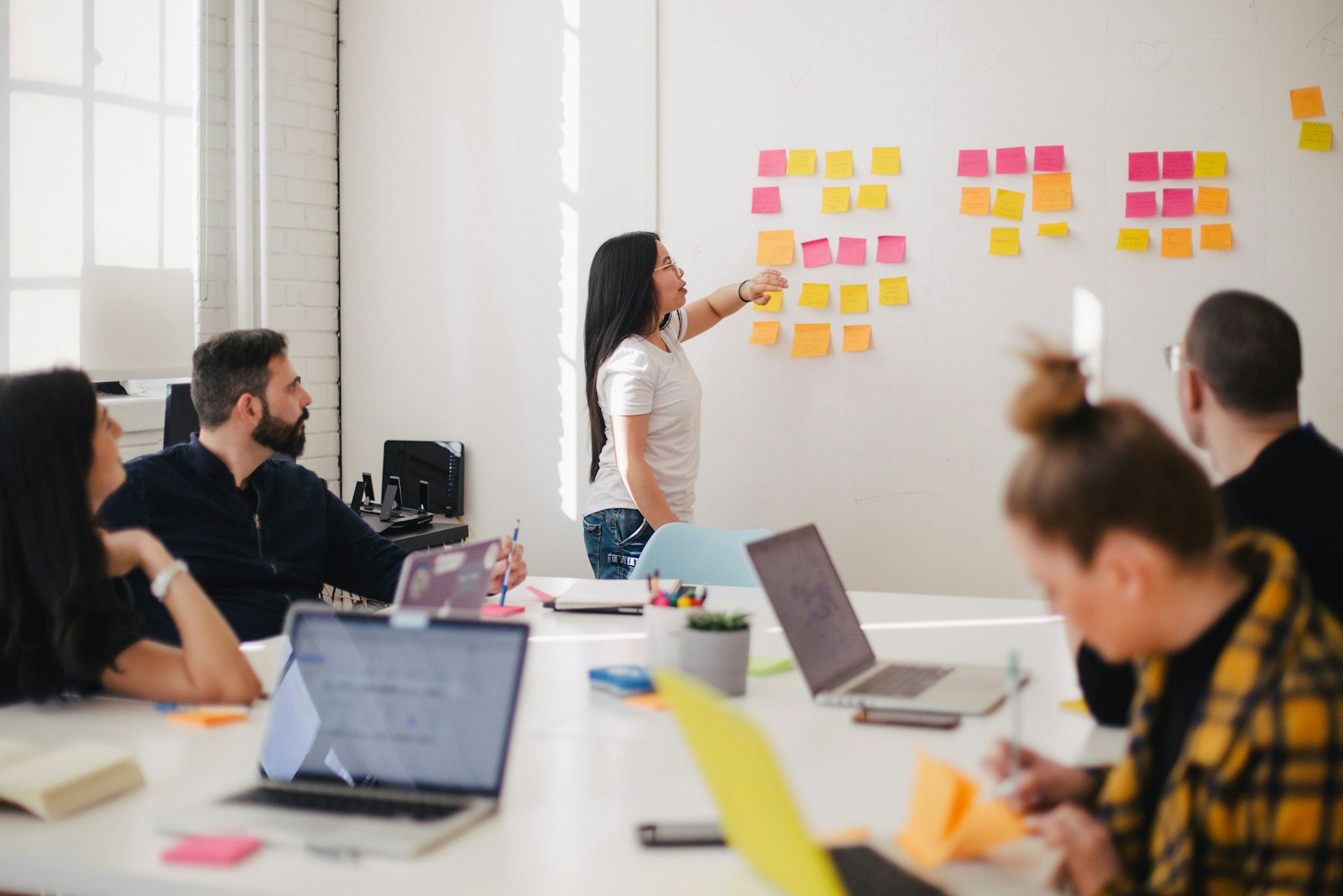 A team planning work on a whiteboard covered in sticky notes